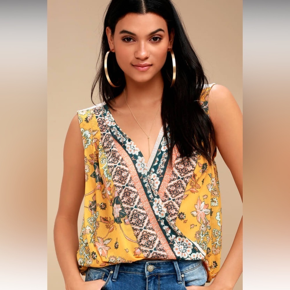 Free People Mustard Floral Sleeveless Blouse